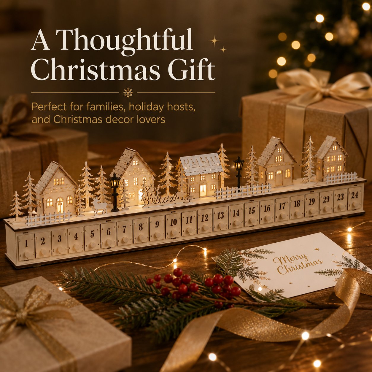 Lighted Christmas Village Advent Calendar Countdown Decor for Holiday Mantel, Shelf & Tabletop Display