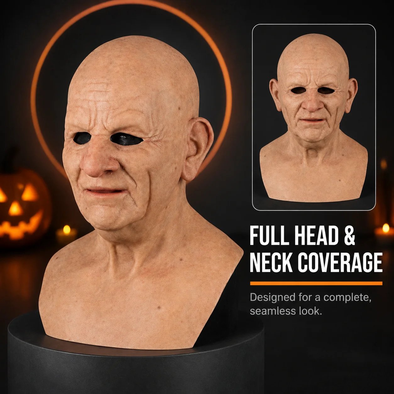 Group wearing realistic elderly masks at a Halloween party
