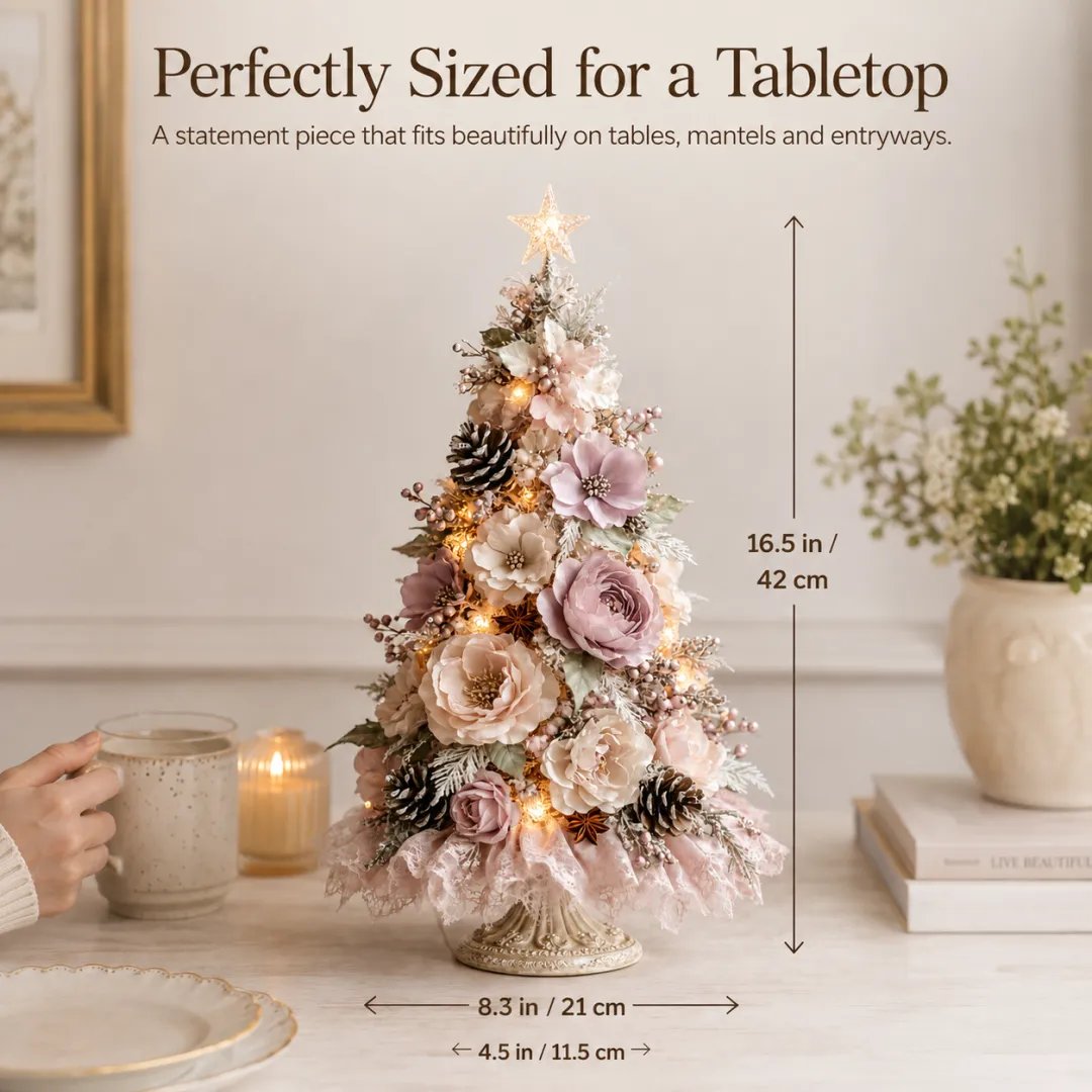 Close-up detail of blush flowers, winter berries and glowing topper star