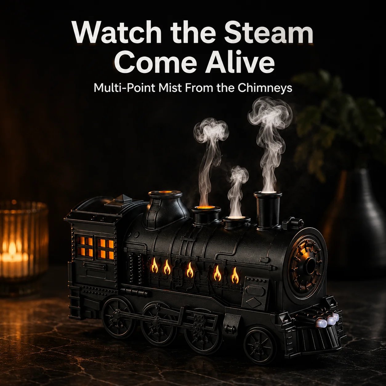 Dark locomotive body with warm orange glowing window lights
