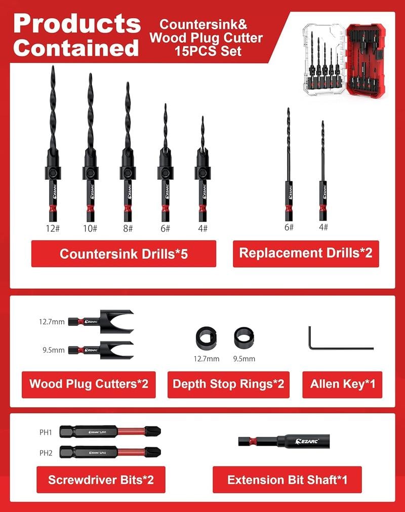 Product Introduction of EZARC Wood Countersink Drill Bit Set With 1/4" Hex Shank for Woodworking/ 15count Set (With wood plug cutter) / 24count Set (With wood sticks) 2
