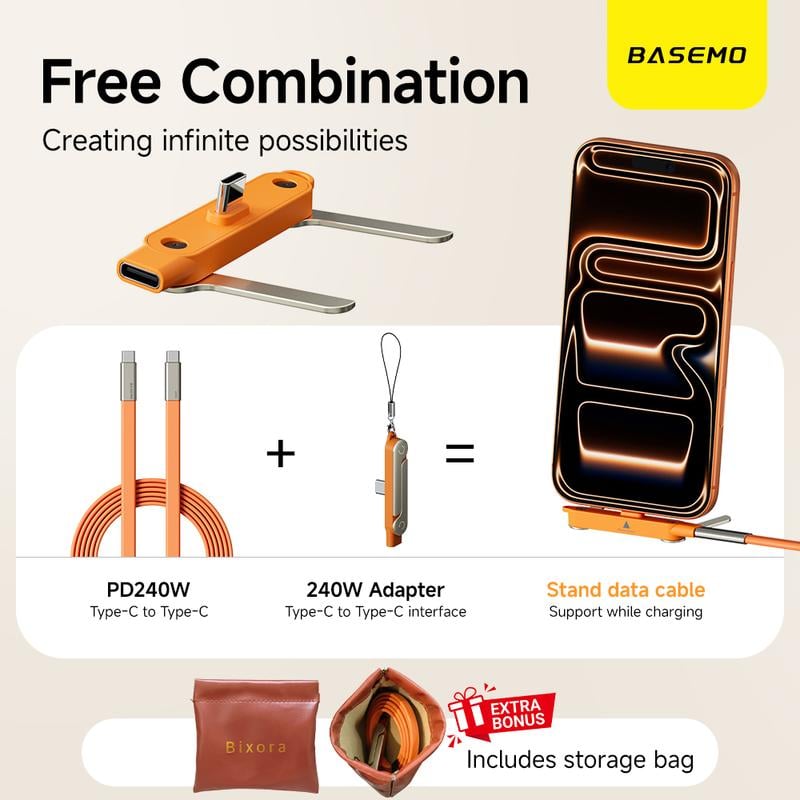 240W Super Fast Charging 360° Rotating Invisible Stand Detachable Two-in-One Charging Cable, Zinc Alloy Silicone Type-C Cable compatible with Apple and Samsung, essential for gaming, office, and car use | Bestselling cutting-edge technology.