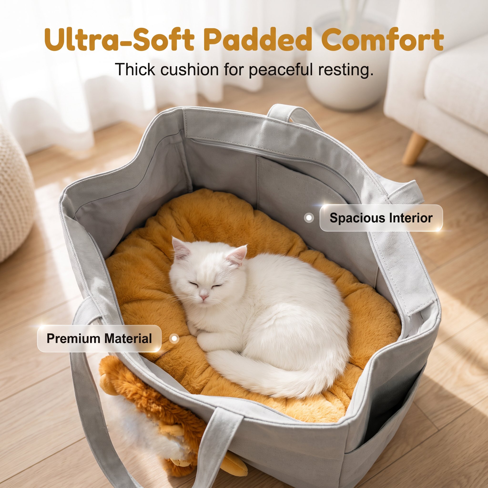 Soft inner cushion inside the lion-themed canvas pet tote.