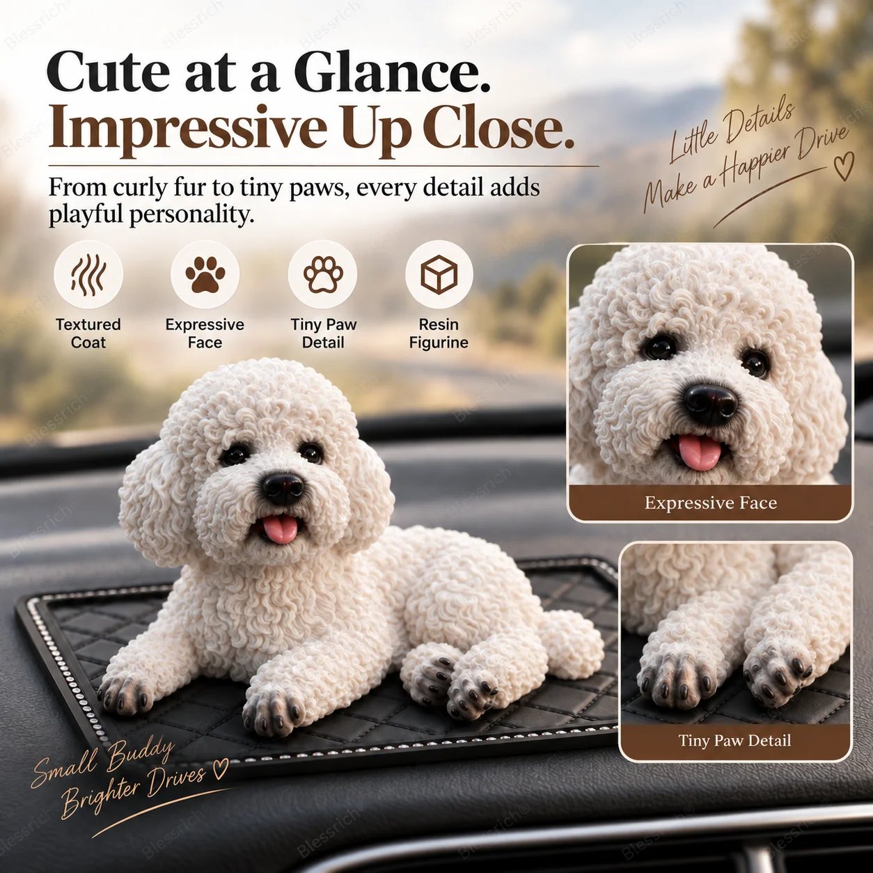 Realistic resin poodle figurine close-up details