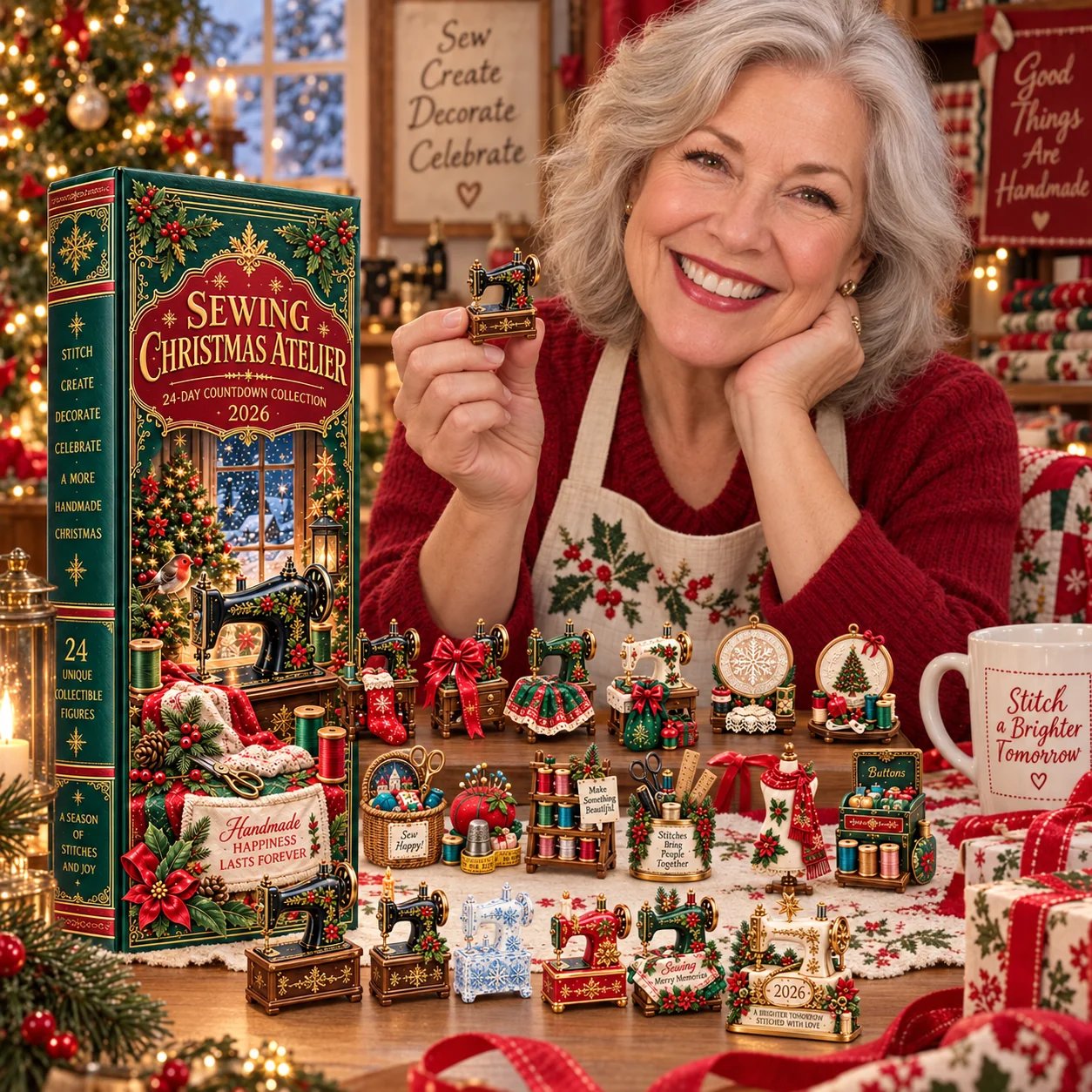 Woman holding a miniature sewing machine from the Christmas sewing collection