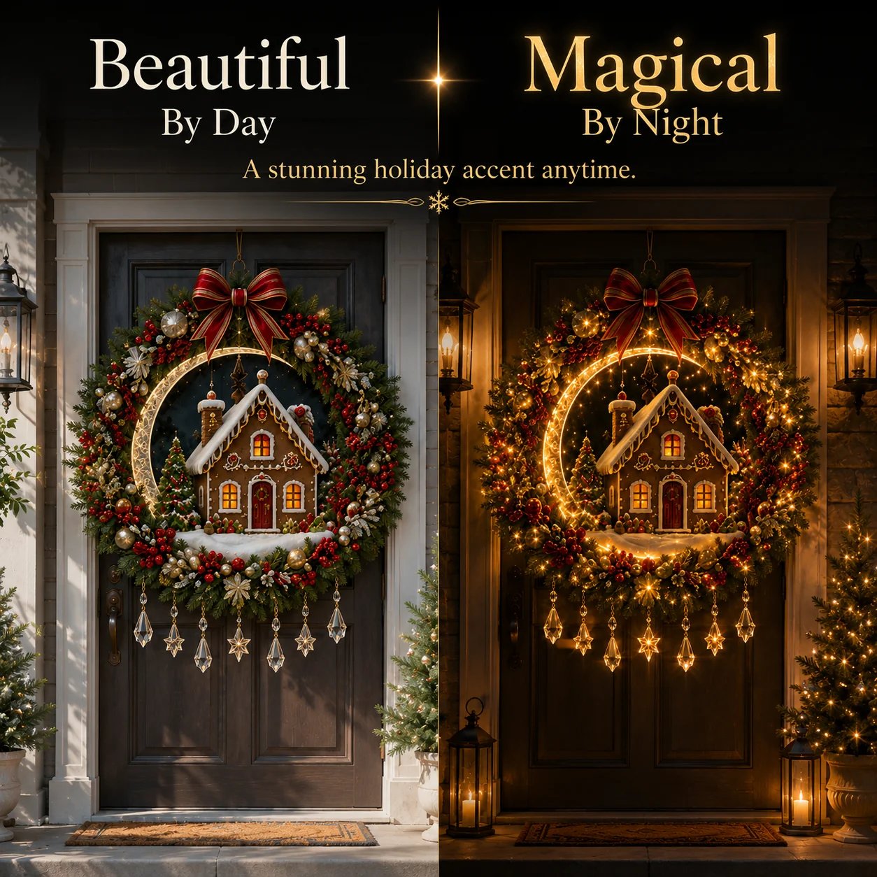 Christmas wreath day and night comparison