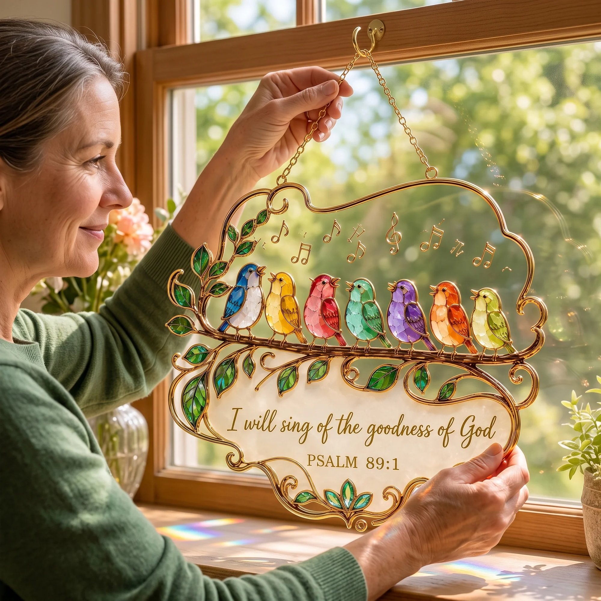 Close-up of textured stained-glass style birds and gold frame