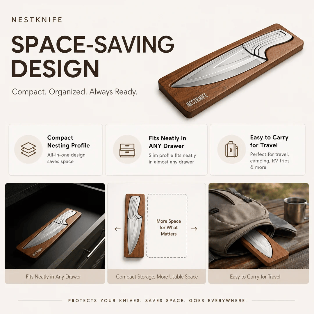 Space saving magnetic nesting kitchen knife design