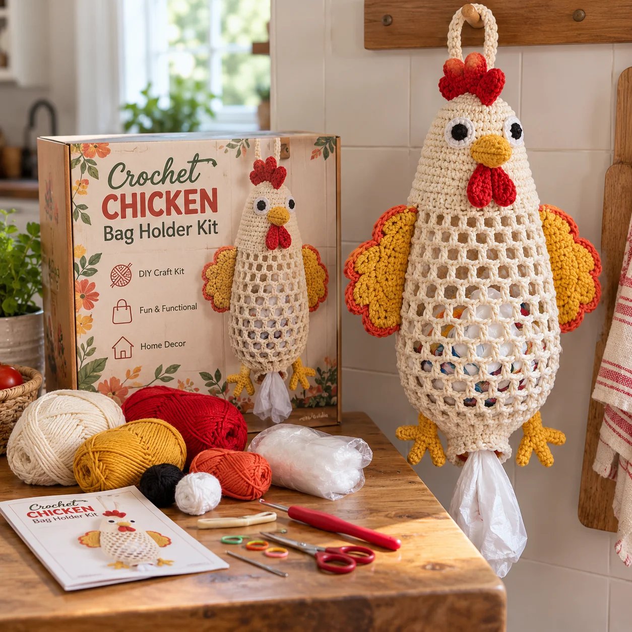 Chicken crochet bag holder kit with yarn, project instructions, and an example of the finished hanging organizer