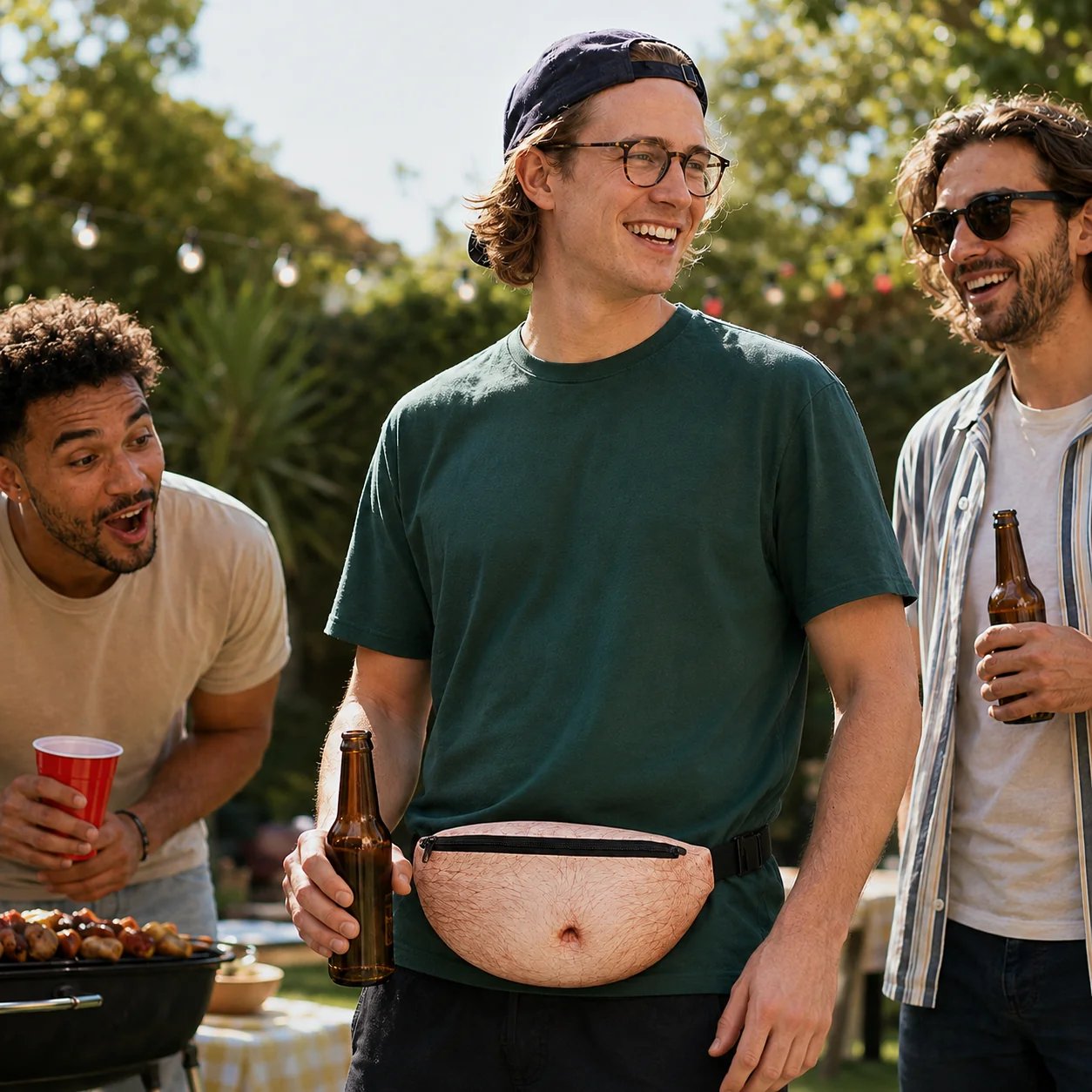 Funny belly waist bag worn at an outdoor party