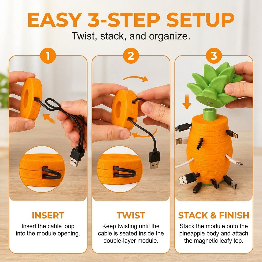 Three step pineapple cable organizer setup