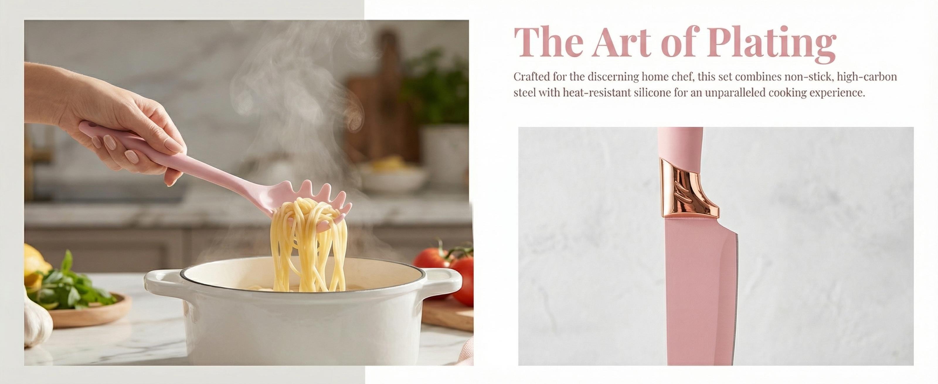 Pink knife set and silicone cooking utensils in kitchen
