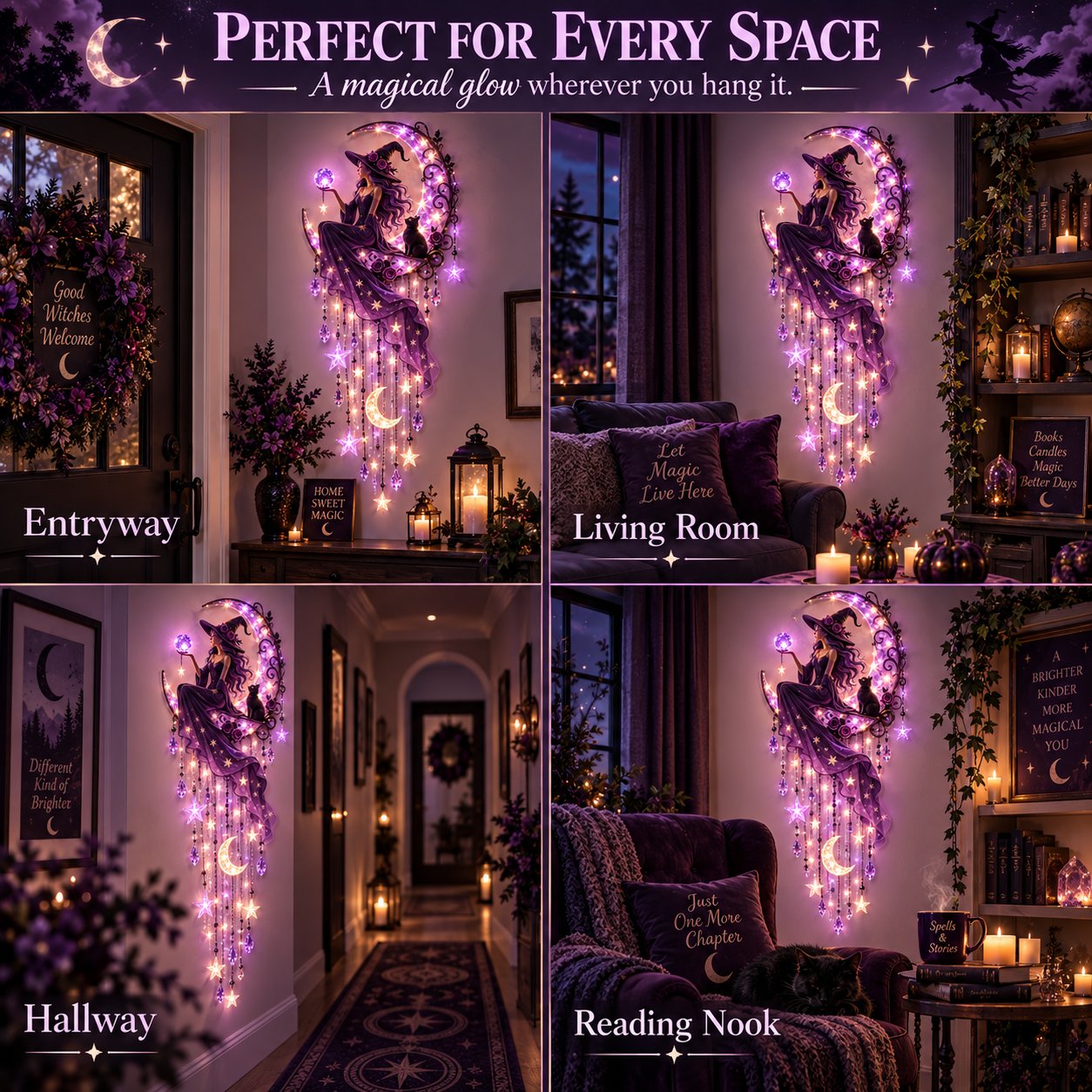 Witch moon wall light displayed in a room
