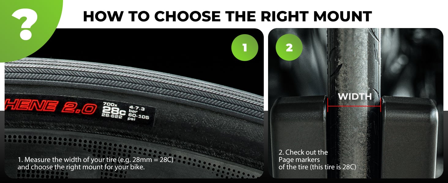 Bike tire mounting guide showing correct alignment of tire bead with rim. Steps labeled 1 and 2 with zoomed views.