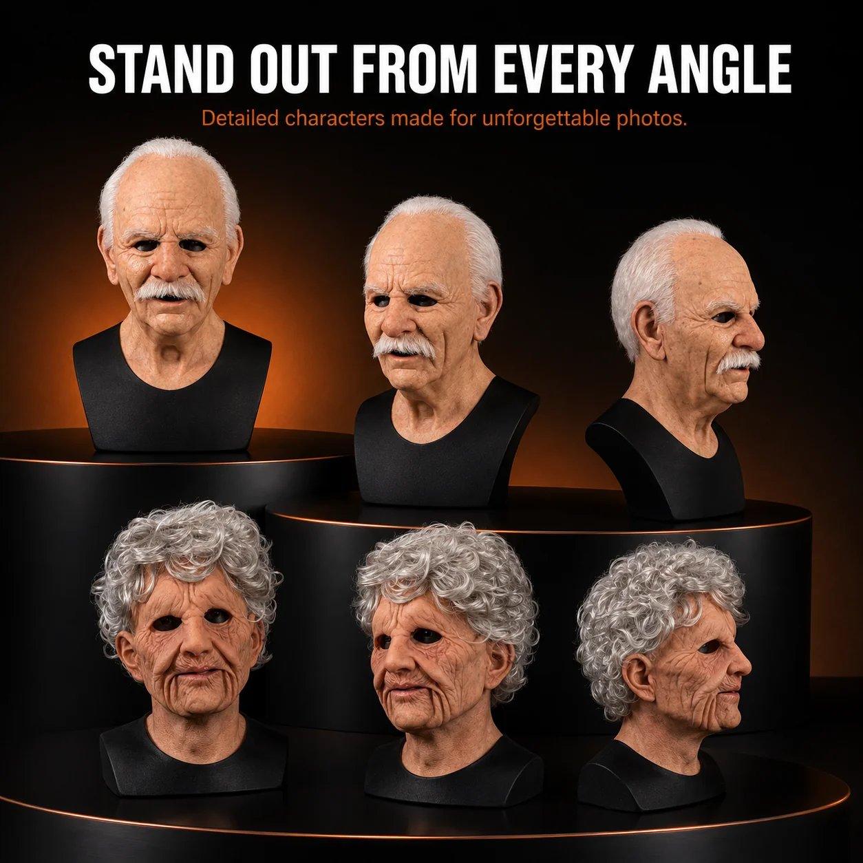 Multiple angles of realistic elderly character masks