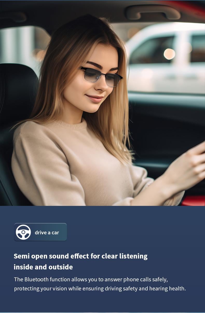 Product Introduction of Bluetooth audio smart glasses with photochromic lenses that darken in sunlight, metal frame, surround sound and microphone 32