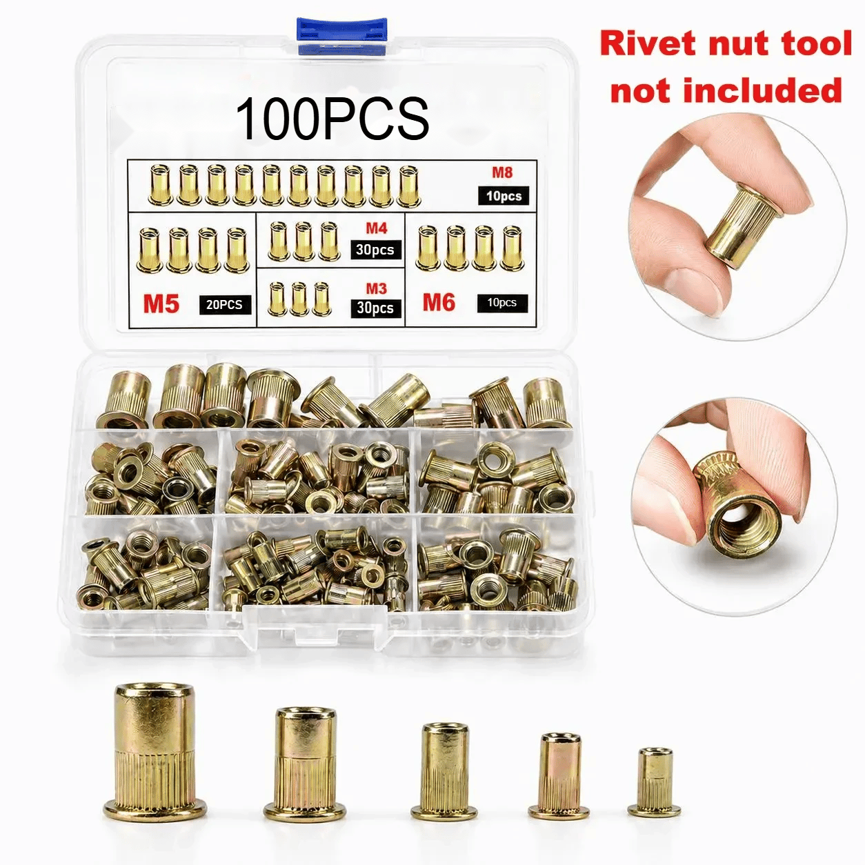 LAST DAY SALE 49% OFFHead Rivet Nut Tool, M3 M4 M5 M6 M8 Rivnut Kit,Carbon Steel Rivnut Set - 100pcs Nuts Only (Tool NOT Included)