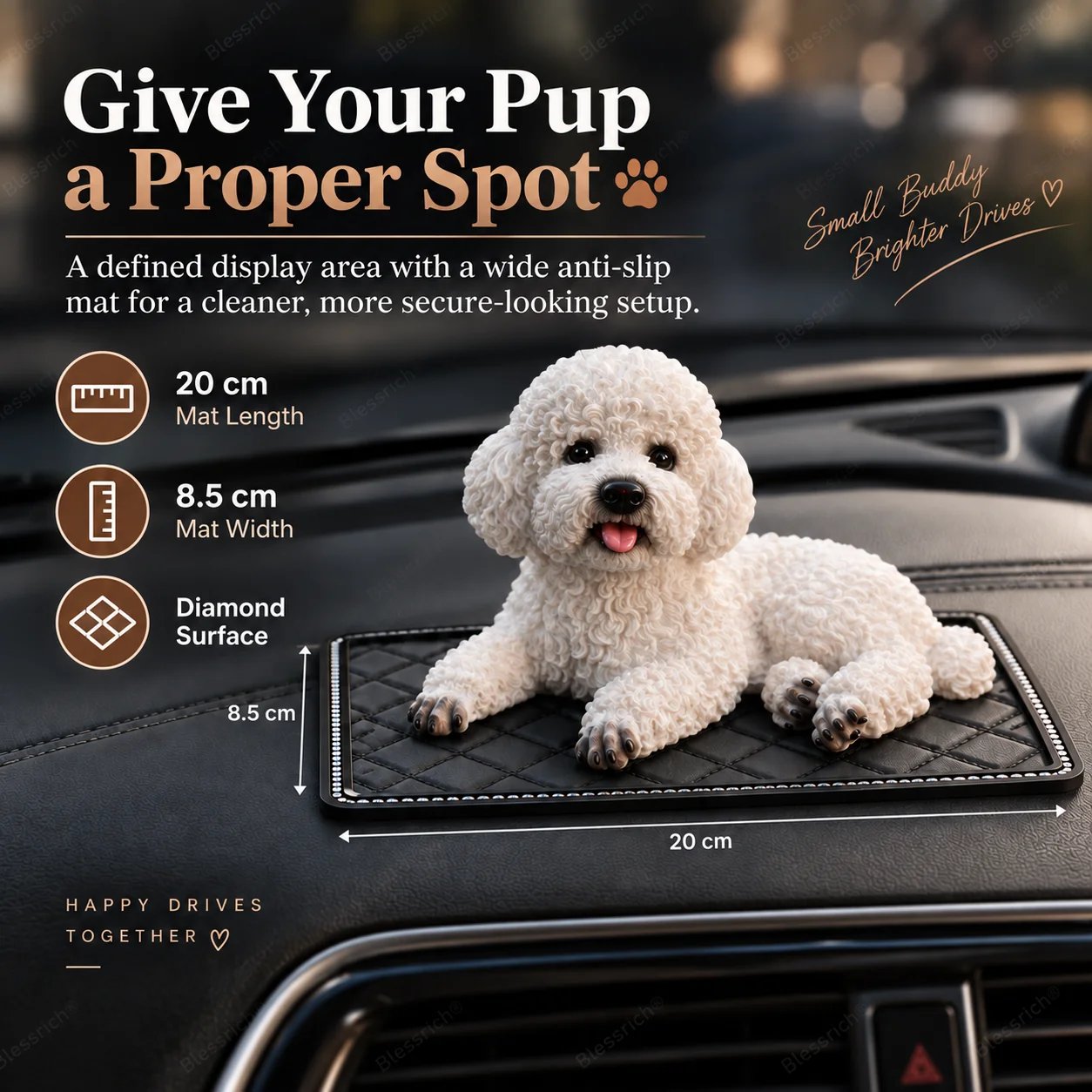 Poodle dashboard ornament on anti-slip display mat