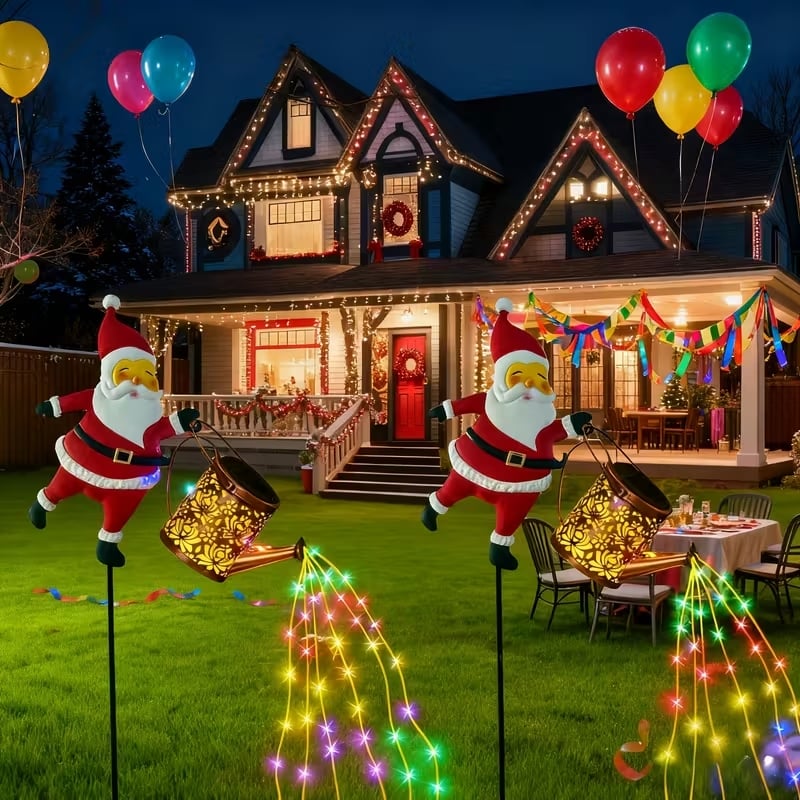 Christmas Solar Kettle Lights – Santa Watering Can Design, Colorful LED String Projection – Waterproof Garden Decoration – 2-Pack