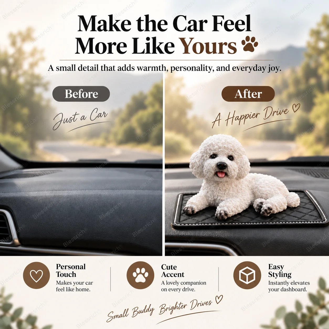 Car dashboard before and after adding poodle ornament