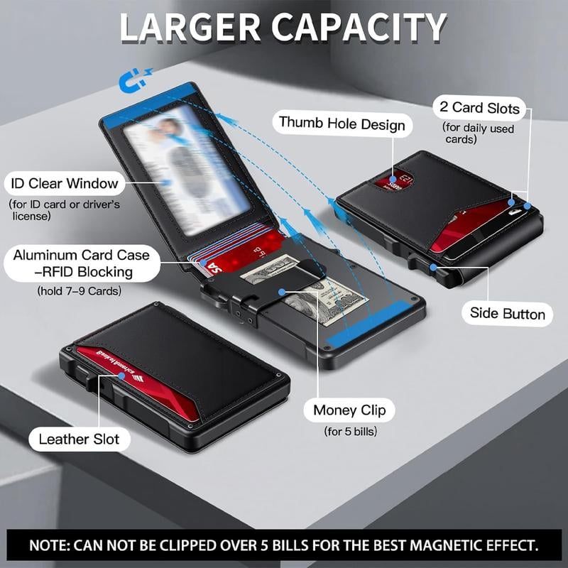 Minimalist Men’s Slim Wallet: 9 - 13 Cards, Money Clip, ID Window. RFID - Blocking, Aluminum Bifold Pop - Up