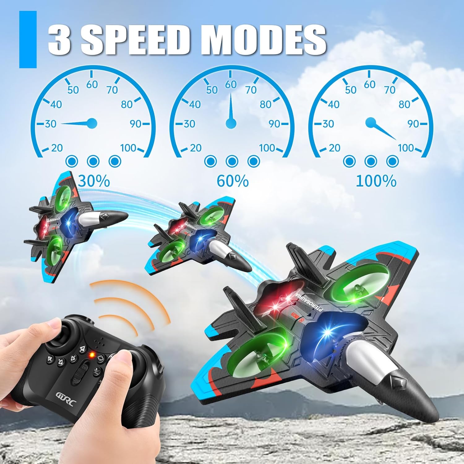 ✈️Stunt RC Fighter! 360° Rolling + Vertical Takeoff/Landing, 3 Speed Modes + Colorful LED, Create New Flying Fun~