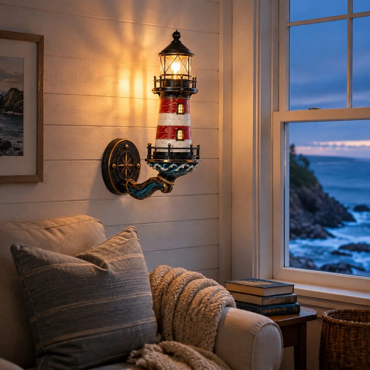 Warm lighthouse accent light beside a cozy coastal reading chair