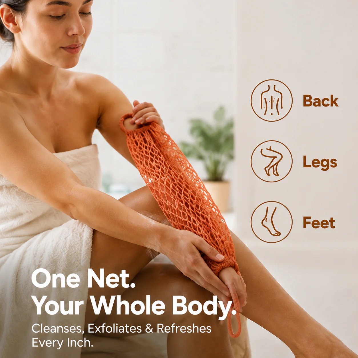 Exfoliating bath net for back legs arms and feet