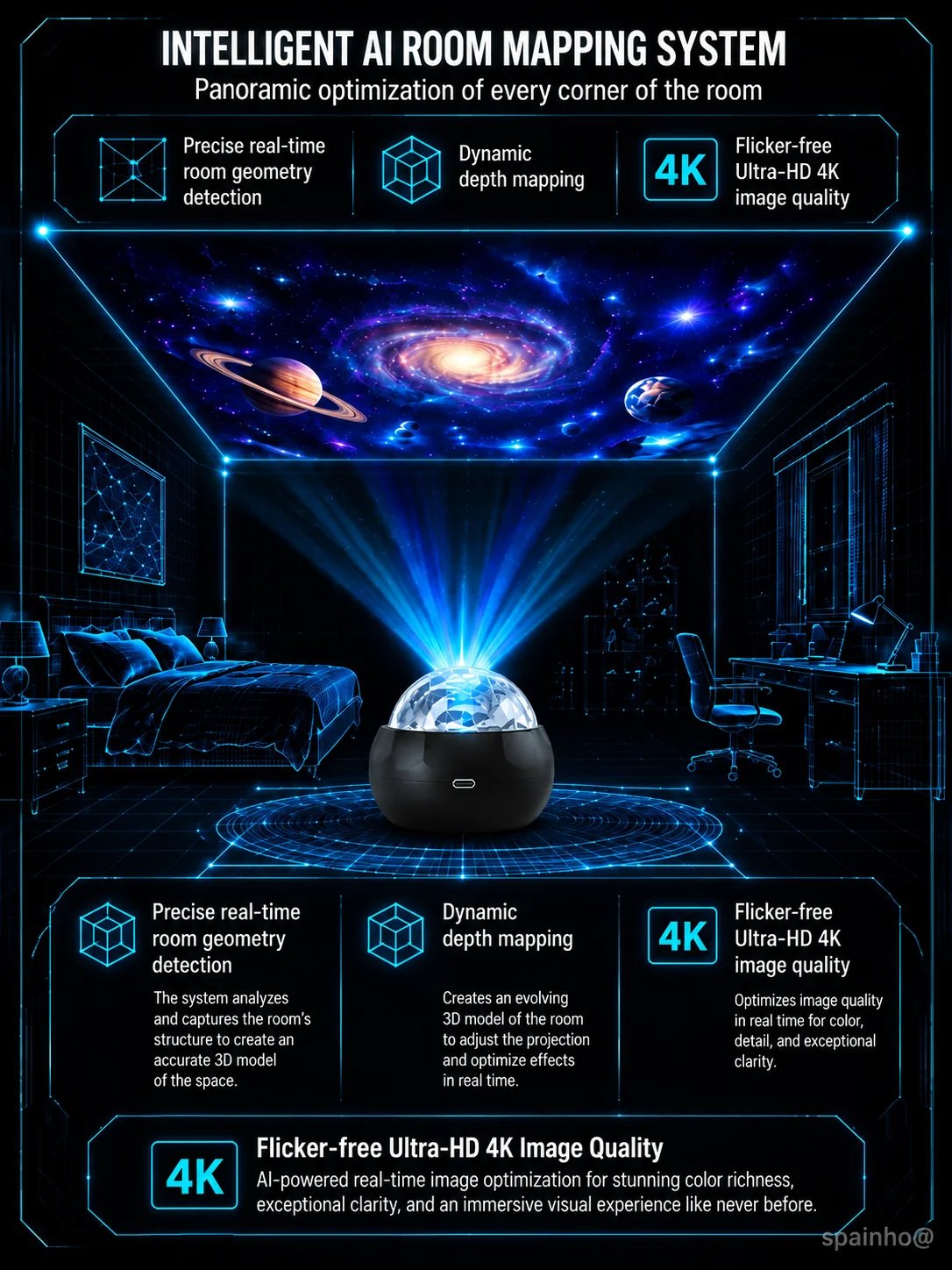 Galaxy projector lighting across bedroom ceiling