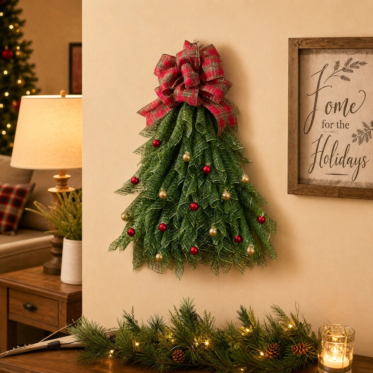 Festive green Christmas tree shaped door decoration with red bow details