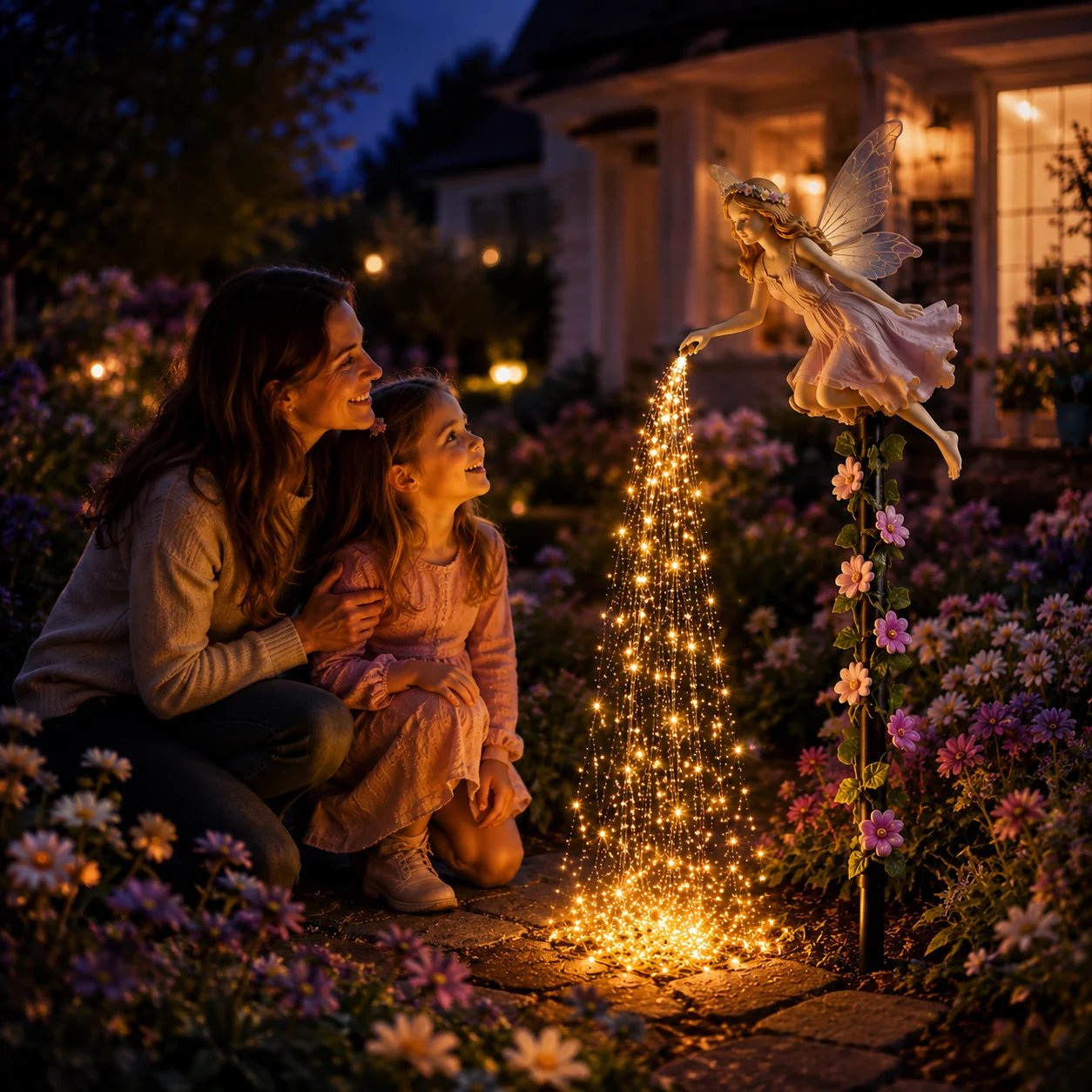 Mother and daughter enjoying fairy garden light