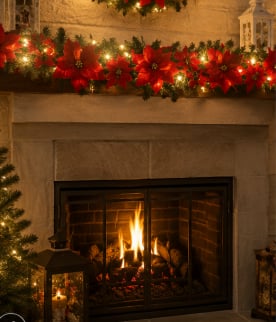 Poinsettia garland lights displayed on a fireplace mantel