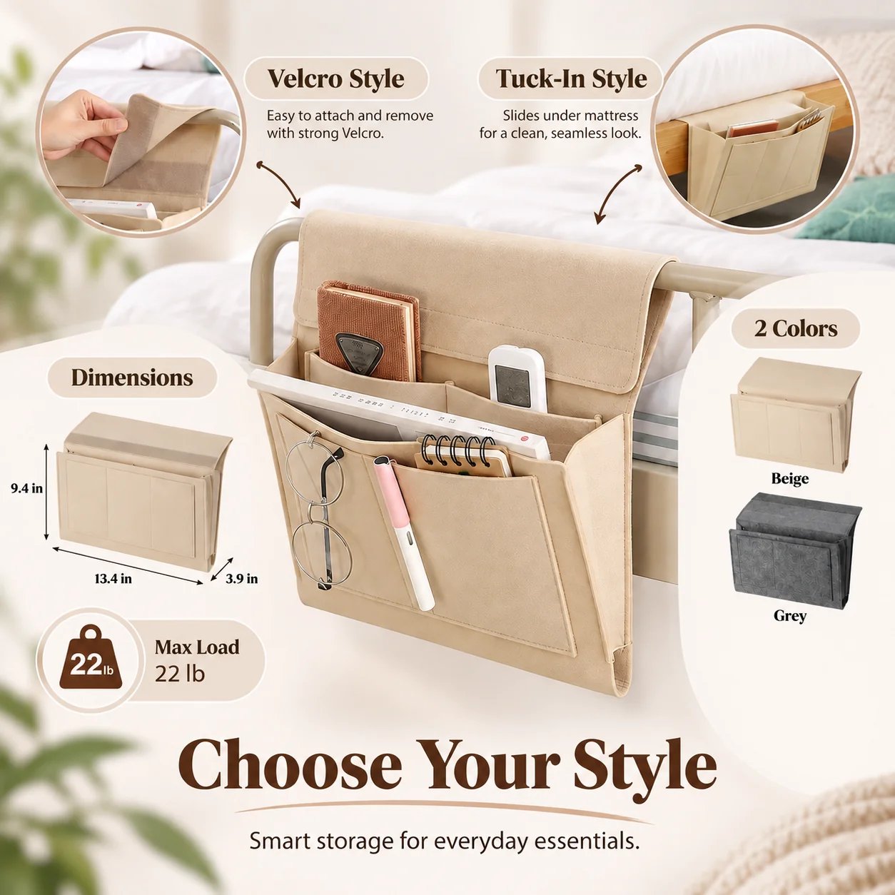 Hanging felt bedside caddy holding tablet books remotes and phone beside mattress