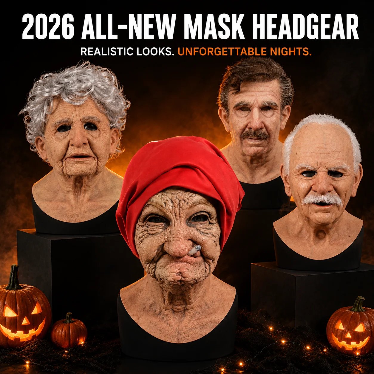 Instant Halloween costume transformation with realistic old person masks