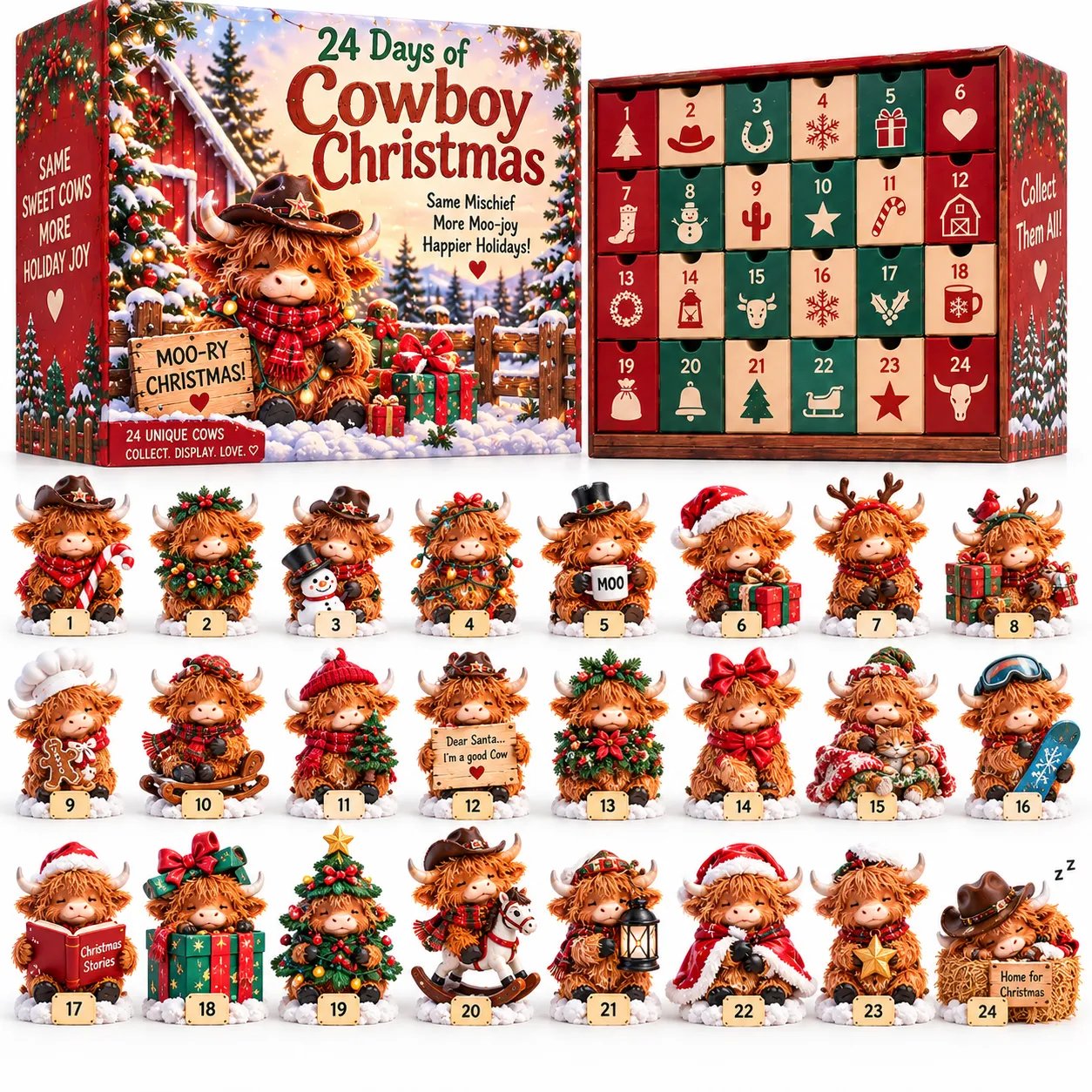 24 unique Highland cow Christmas figures 24 unique Highland cow Christmas figures