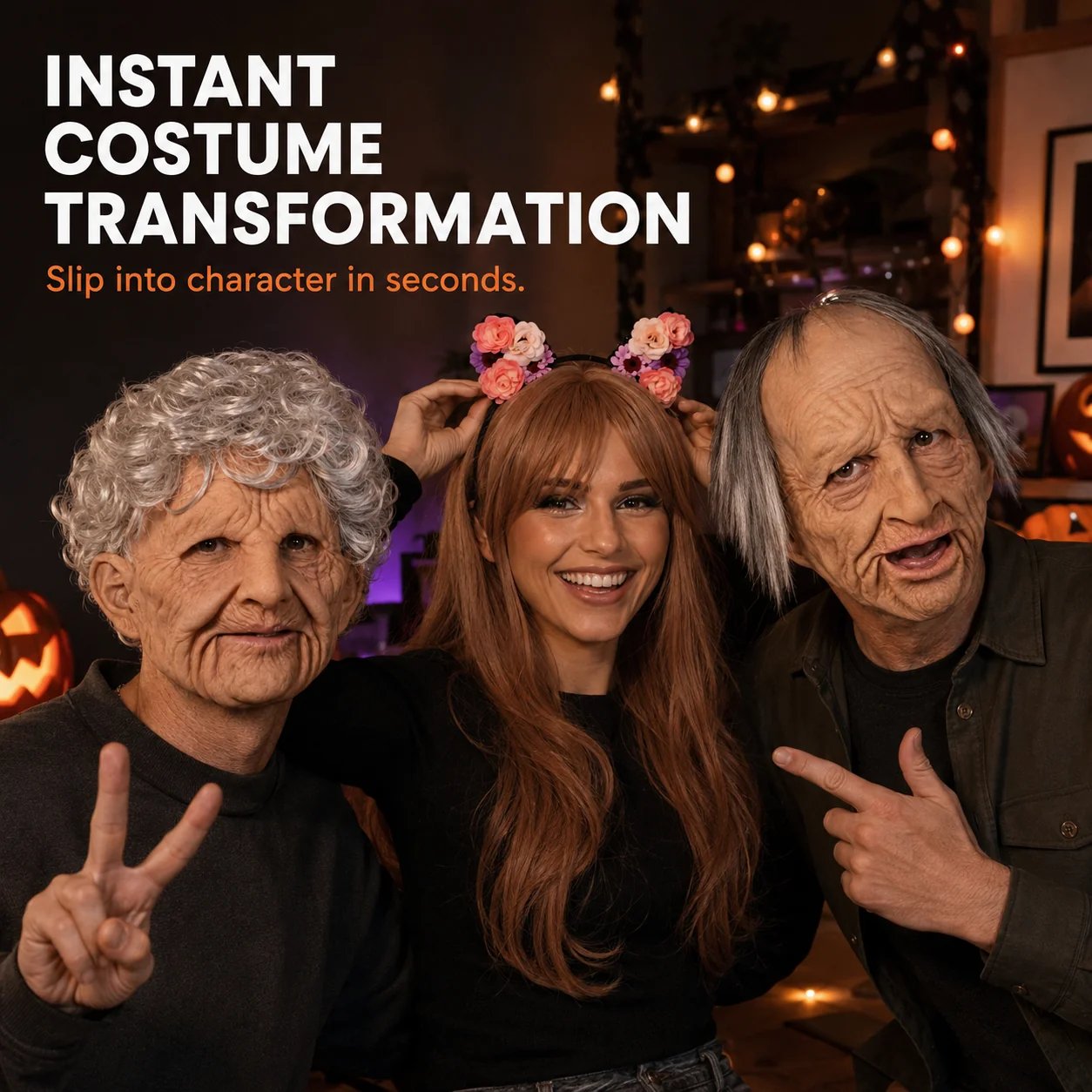 Multiple realistic old man and old woman mask characters