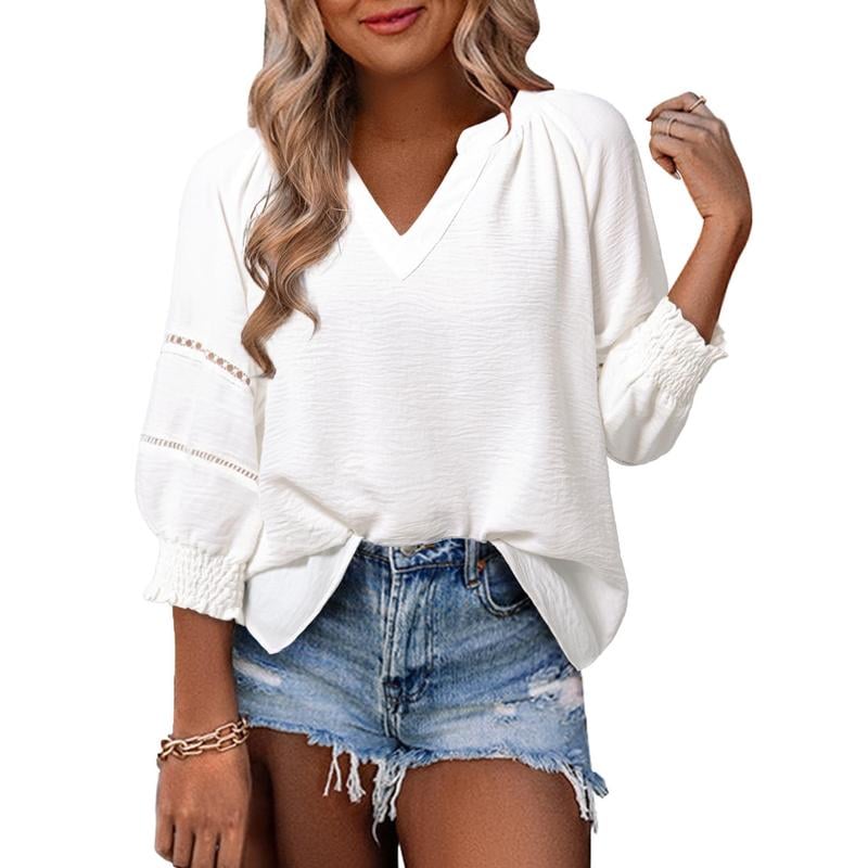 Women's Summer Tops 3/4 Lantern Sleeve Casual V-Neck T-Shirts Pleated Loose Tunic Hollow-Out Blouse
