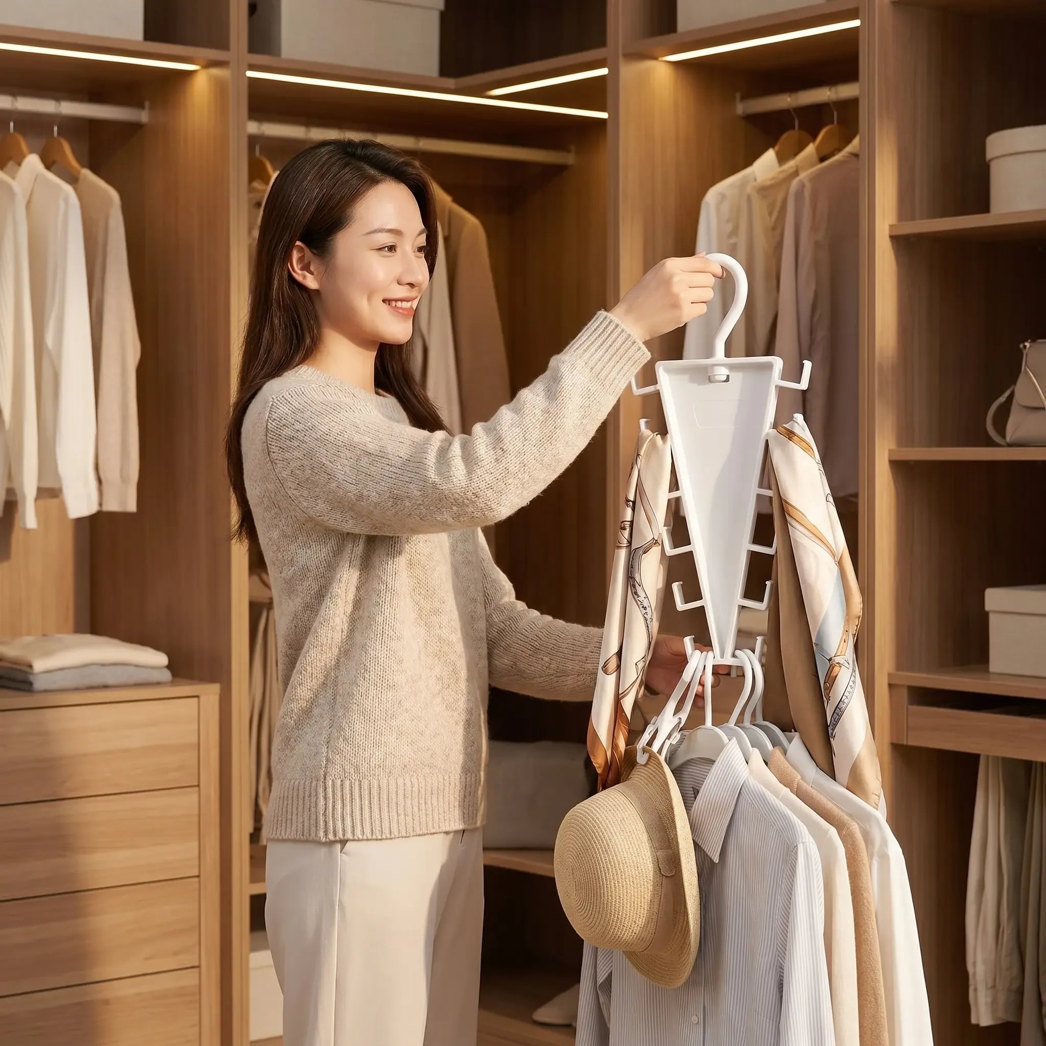 Organized closet accessories using vertical hanging organizer