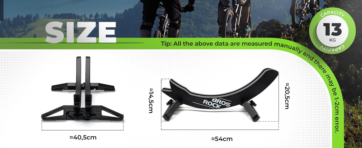 Bicycle rack sizing diagram showing two positions: upright (40.5cm) and horizontal (54cm). Green label indicates 'Size 13' with additional text about measurements.