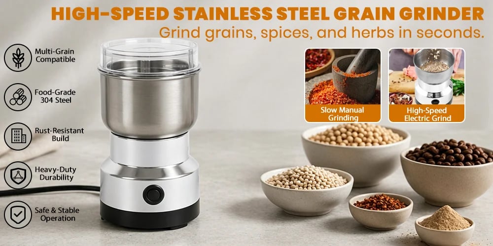 High-speed stainless steel grinder for fresh dry spices grains coffee beans and pantry ingredients