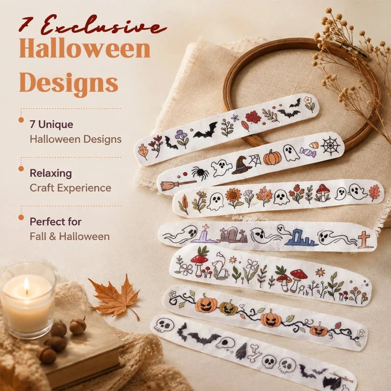 Seven Halloween embroidery pattern styles