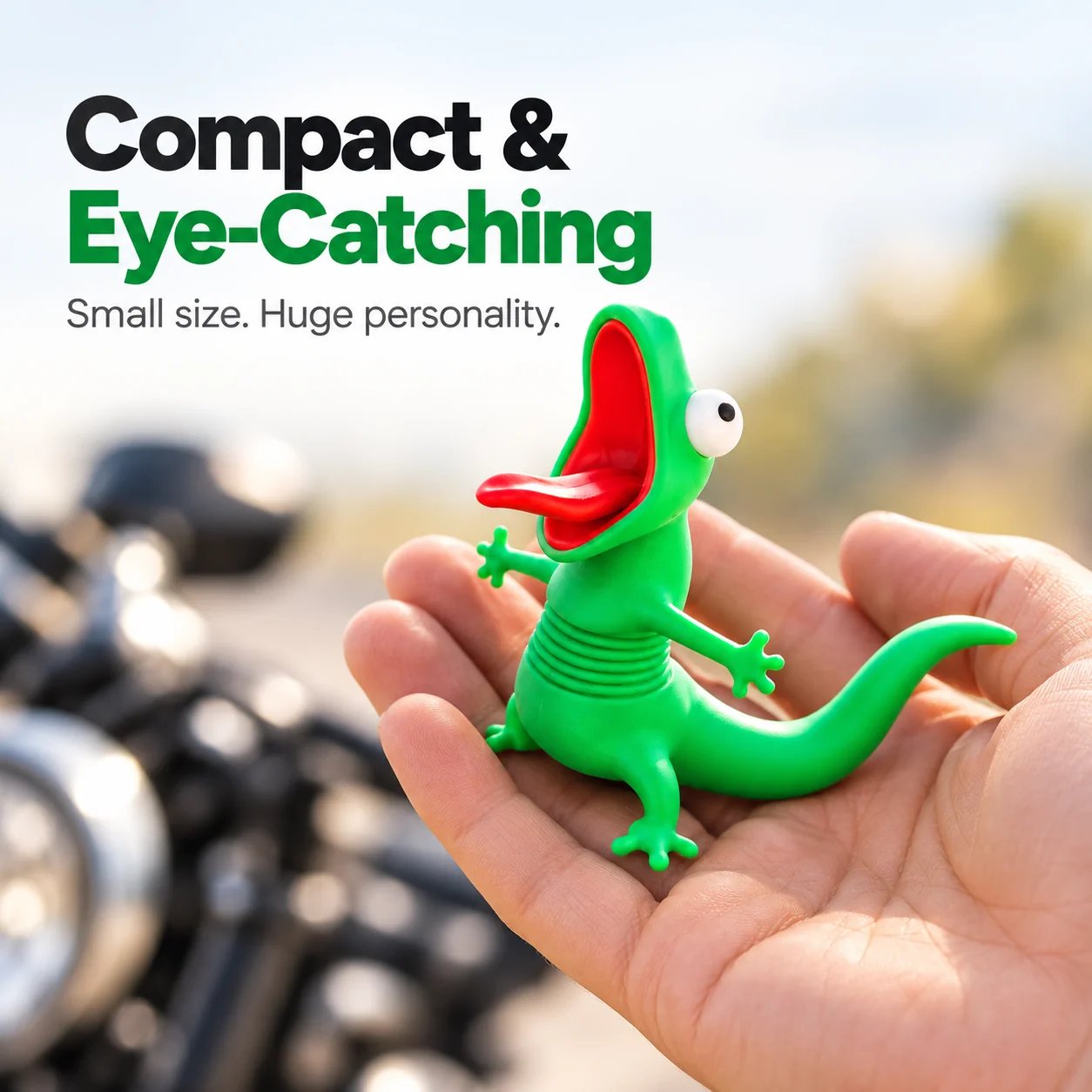 Compact lizard motorcycle ornament shown in hand