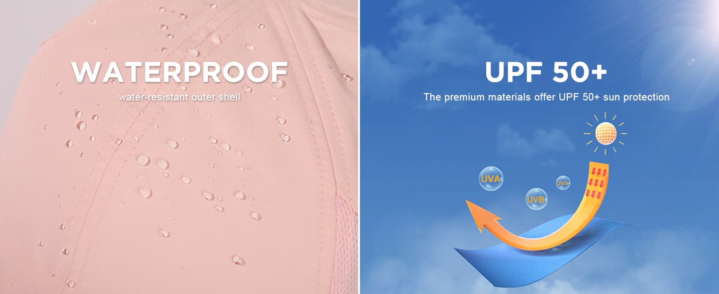 Close-up of waterproof cap fabric with water droplets and UPF 50+ sun protection graphic.