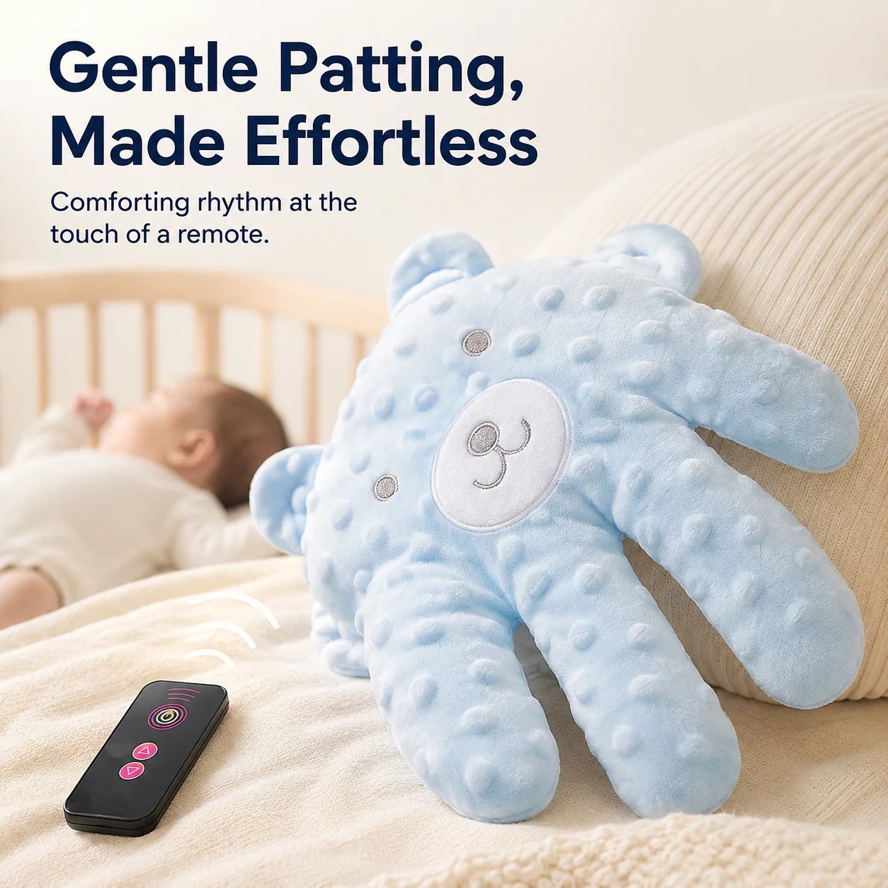 Parent holding wireless remote controller near crib