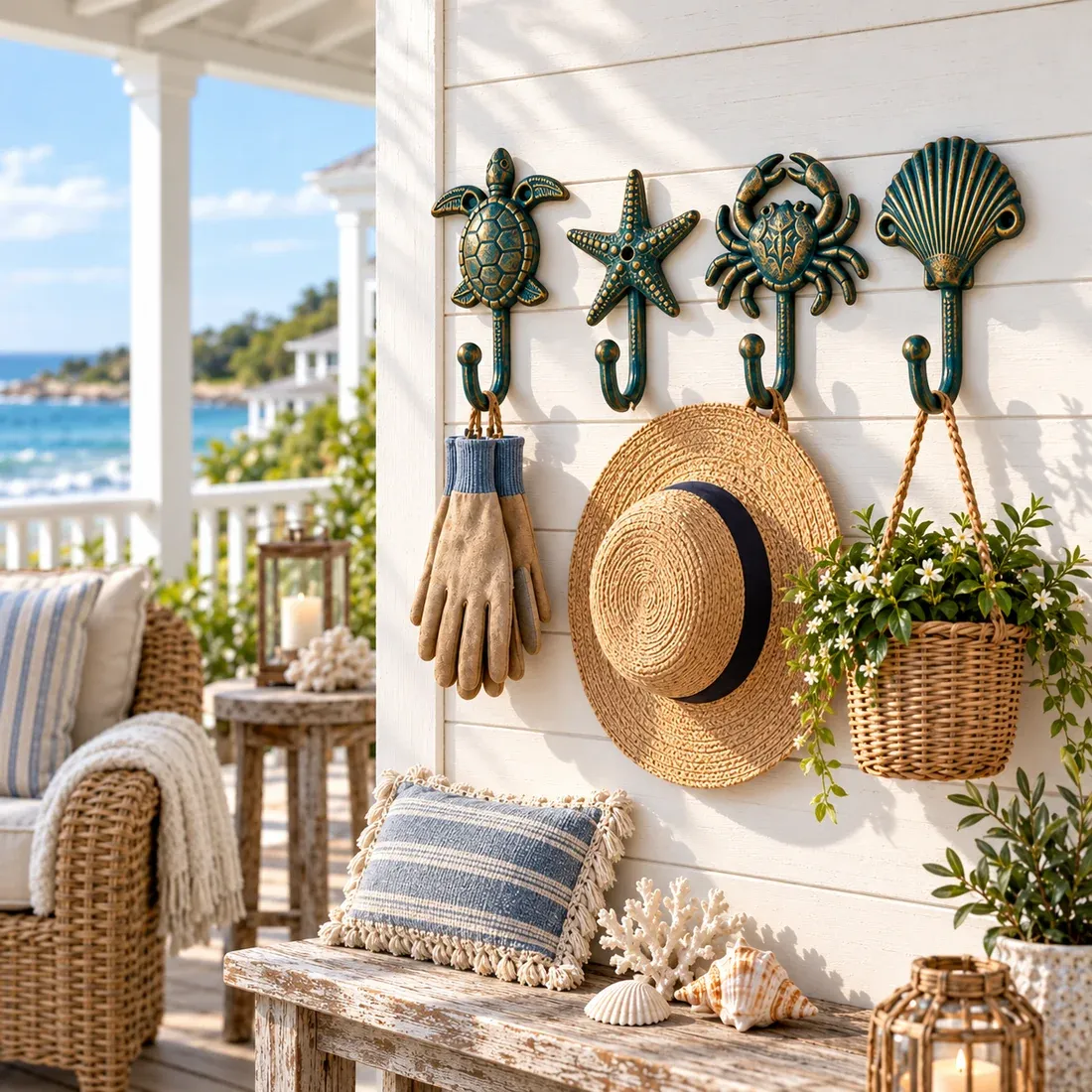 Hooks holding accessories on a seaside porch