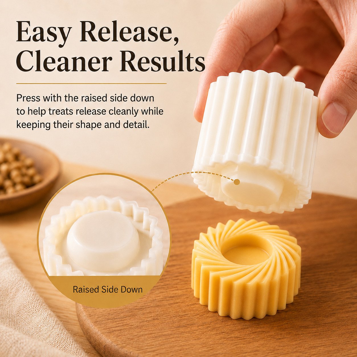 Easy release pastry mold with raised side facing down