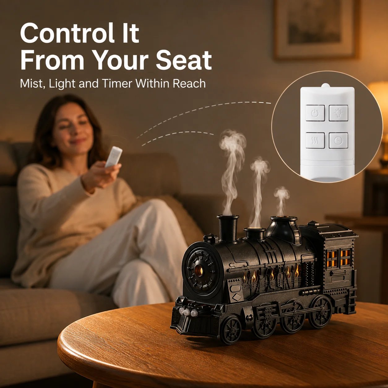 Train diffuser operating quietly on bedside nightstand
