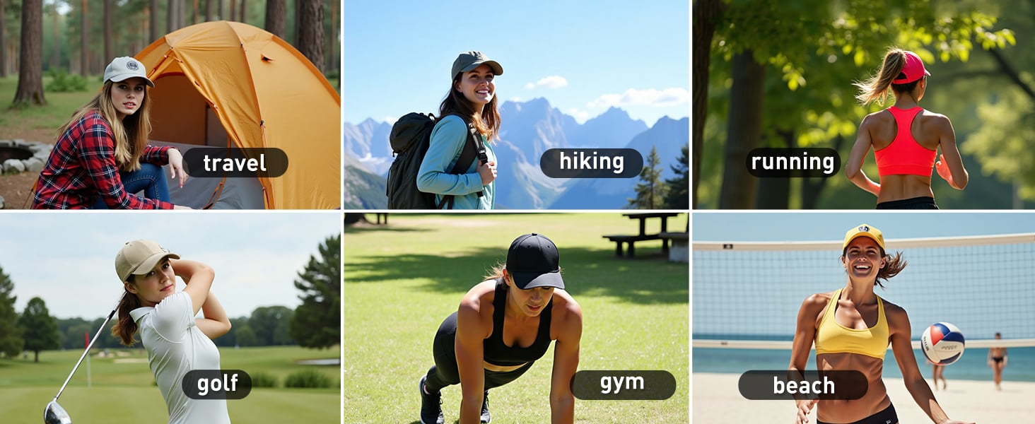 People wearing caps in different activities including travel, hiking, running, golf, gym, and beach.
