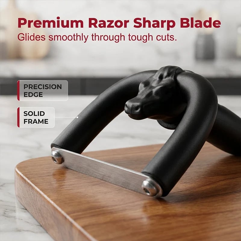 Close view of stainless steel blade and solid fat trimmer frame