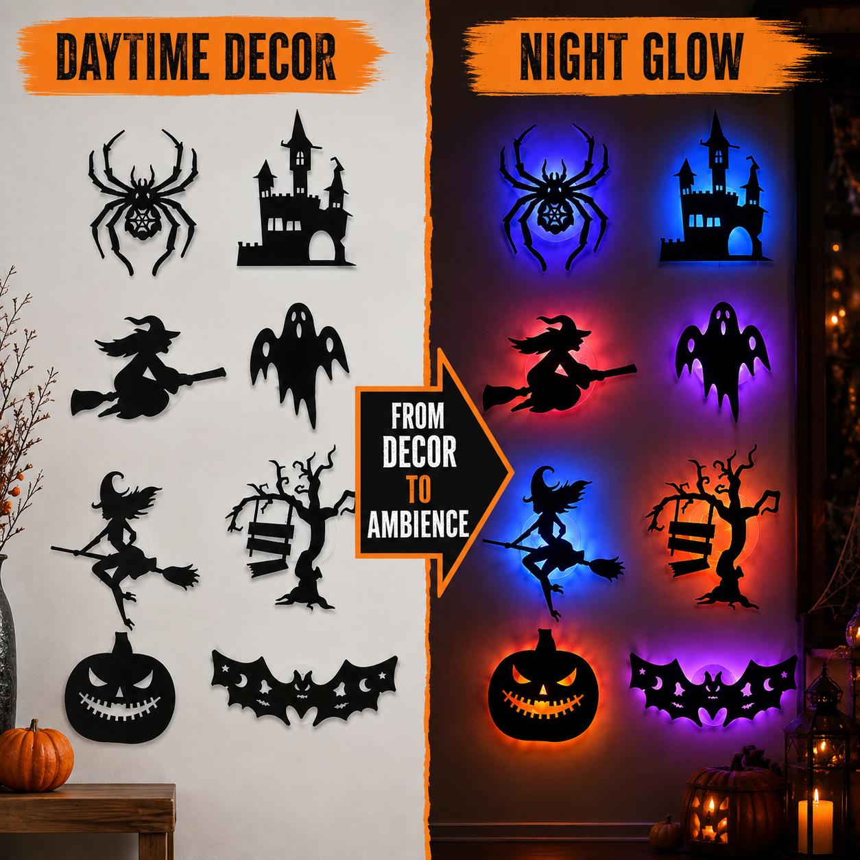 Halloween LED Silhouette Wall Light Stickers, Battery Powered Peel & Stick Decor Lights, No Drill PET Waterproof Wall Decor, Spooky Ghost Pumpkin Witch Bat Castle Spider Tree Ornaments for Home Window Door Party, 9/18/27 Pack Available Halloween LED Silhouette Wall Light Stickers, Battery Powered Peel & Stick Decor Lights, No Drill PET Waterproof Wall Decor, Spooky Ghost Pumpkin Witch Bat Castle Spider Tree Ornaments for Home Window Door Party, 9/18/27 Pack Available